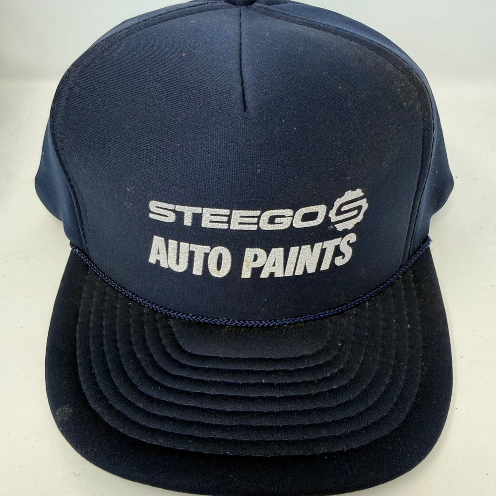 Vintage Otto Cap Steego Auto Paints Trucker Hat Navy Blue Snapback Mesh Rope